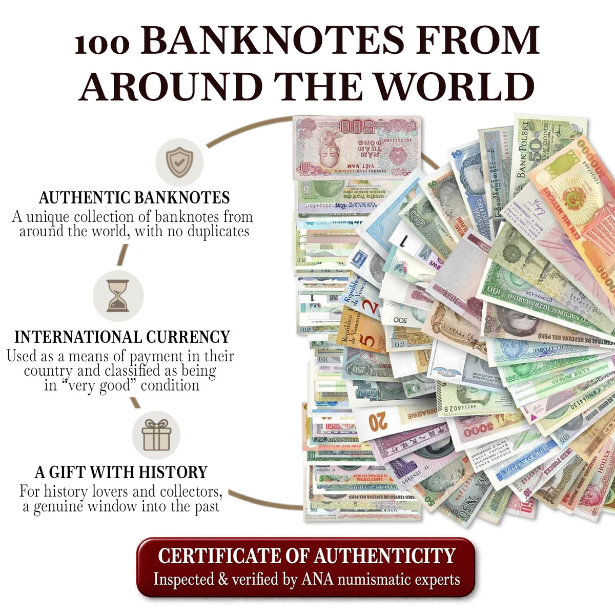 100 billetes auténticos de todo el mundo | Certificados