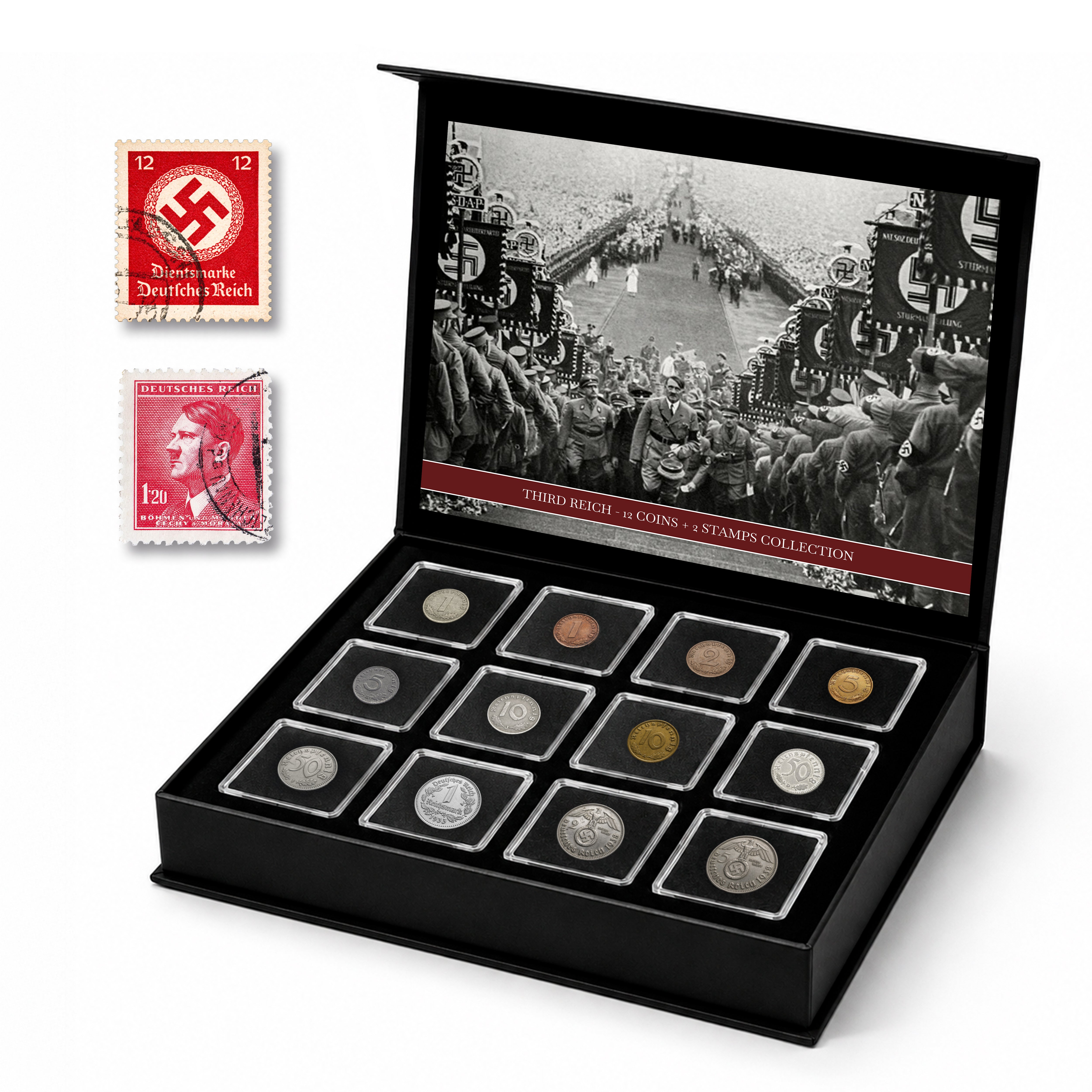 12 monete e 2 francobolli autentici della Seconda Guerra Mondiale - Il Terzo Reich | Certificati