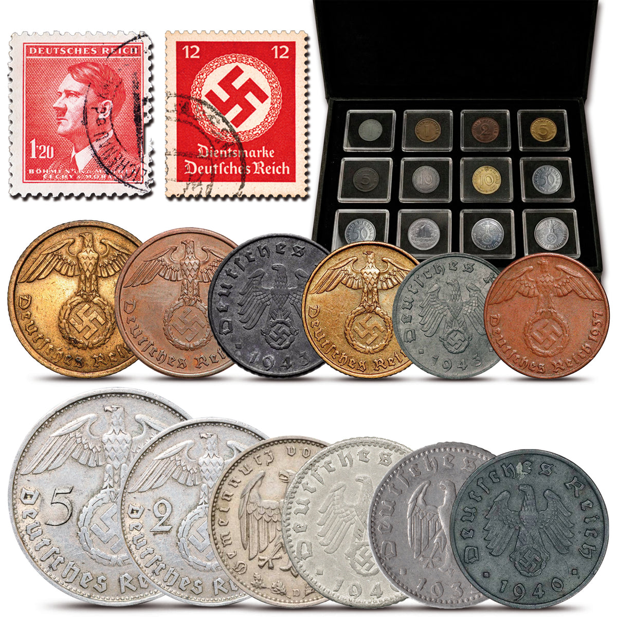 12 monete e 2 francobolli autentici della Seconda Guerra Mondiale - Il Terzo Reich | Certificati