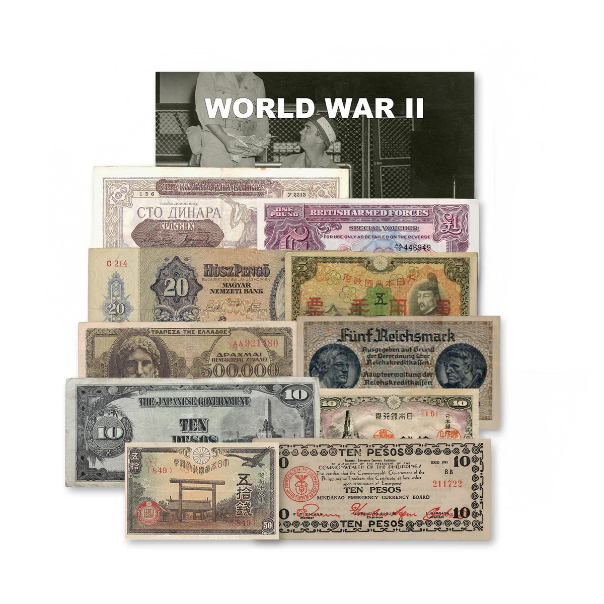 10 billetes auténticos de la Segunda Guerra Mundial - Aliados & Eje (1939-1945) | Certificados