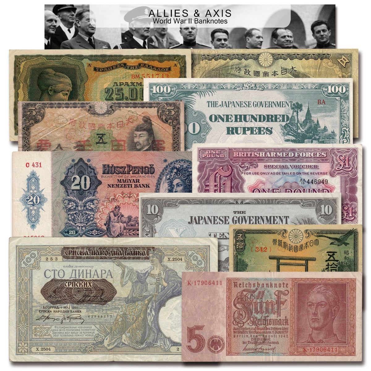 10 billetes auténticos de la Segunda Guerra Mundial - Aliados & Eje (1939-1945) | Certificados