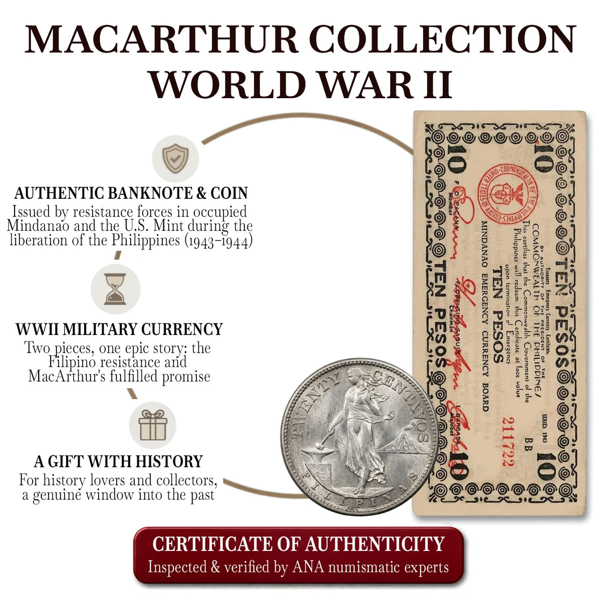Banconote e monete autentiche in argento della Seconda Guerra Mondiale - Collezione MacArthur (1943-1944) | Certificati