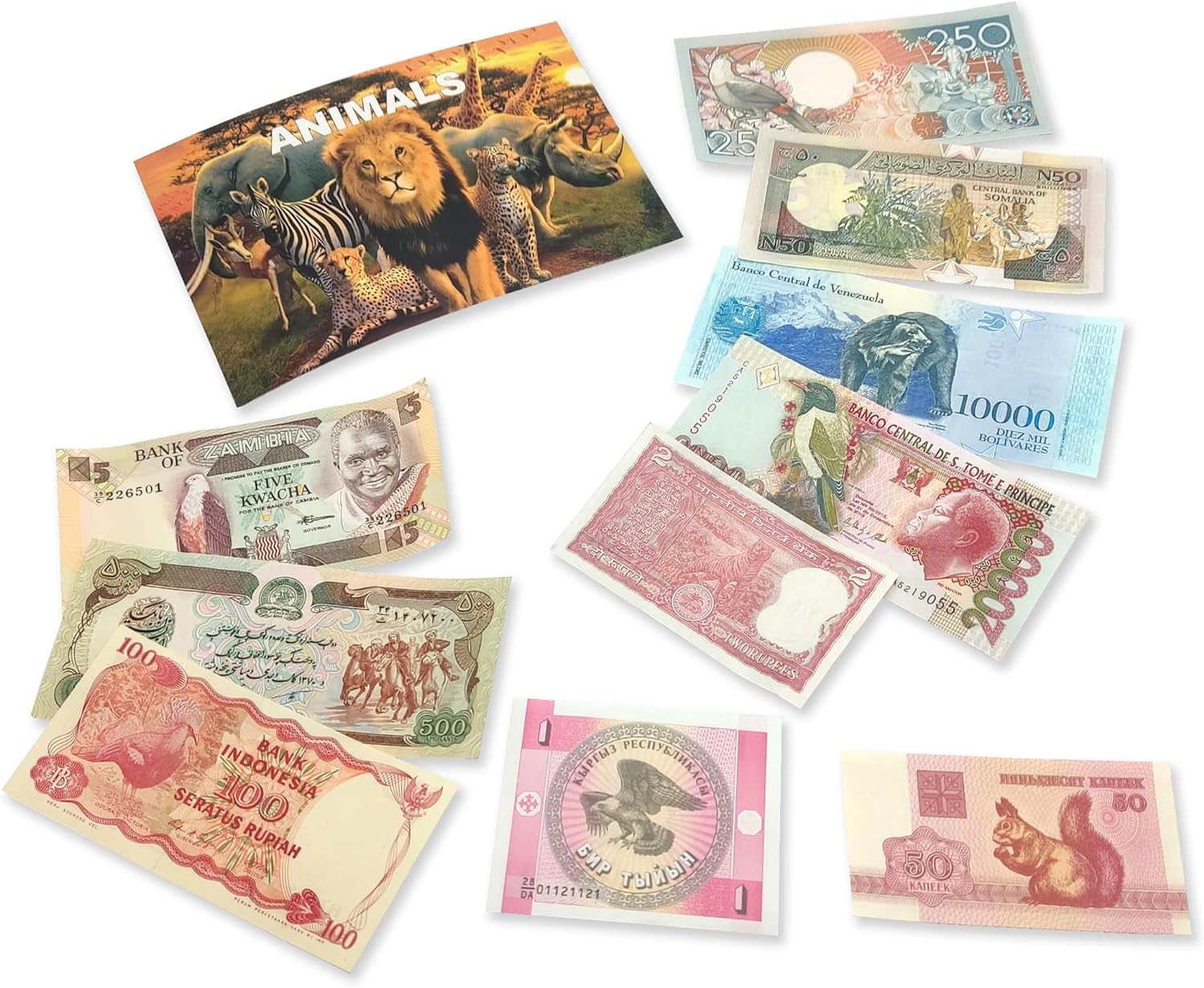 10 billetes auténticos - Animales del Mundo | Certificados