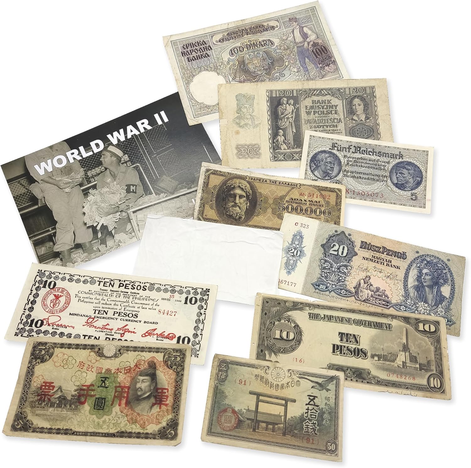 10 billetes auténticos de la Segunda Guerra Mundial - Aliados & Eje (1939-1945) | Certificados