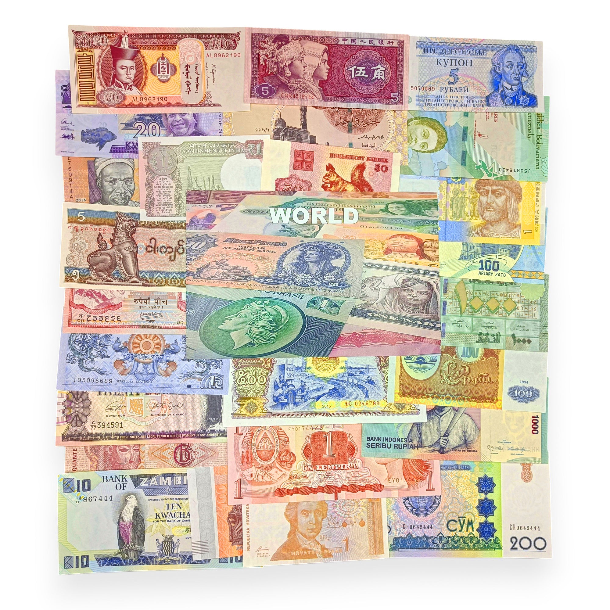 25 billetes auténticos de 25 países | Certificados