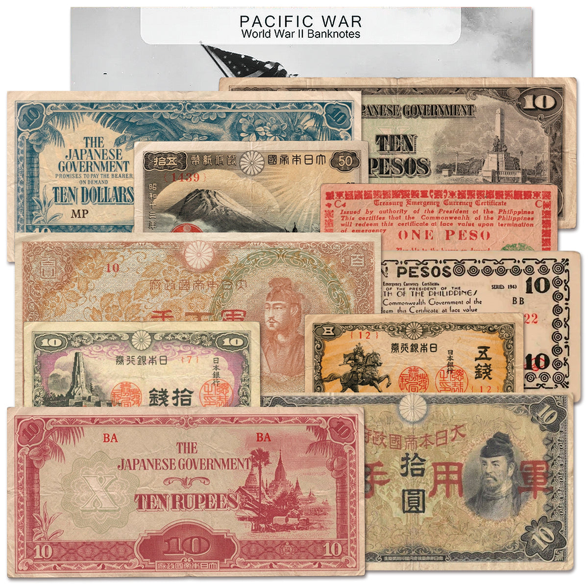 10 billetes auténticos de la Segunda Guerra Mundial - La Guerra del Pacífico (1939-1945) | Certificados