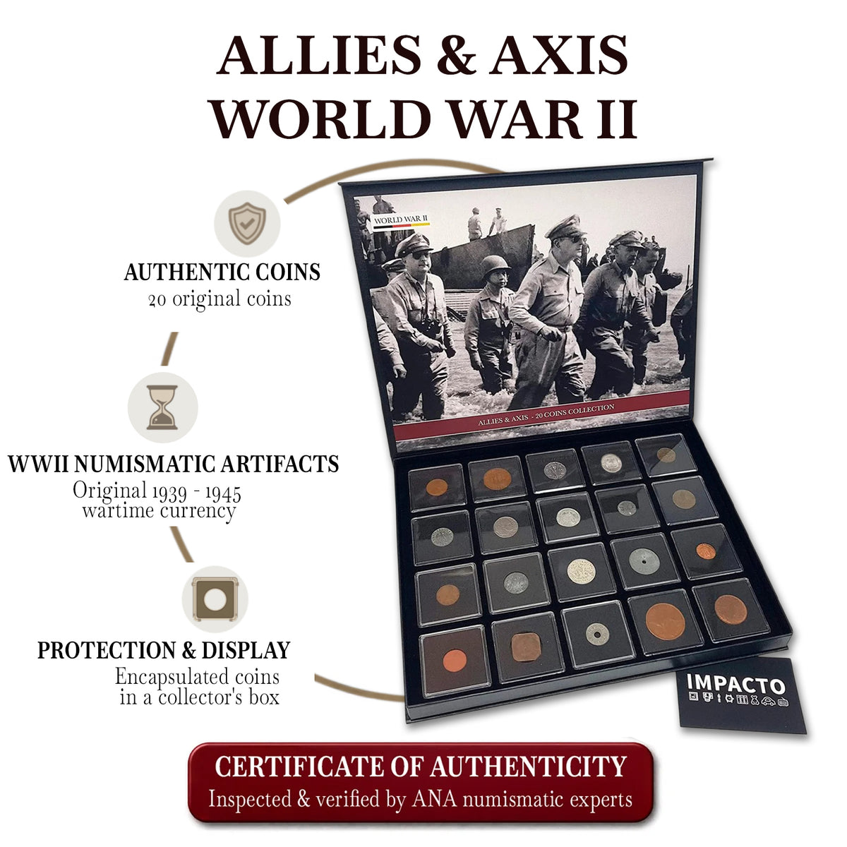 20 monete autentiche della Seconda Guerra Mondiale - Alleati e Asse | Certificate