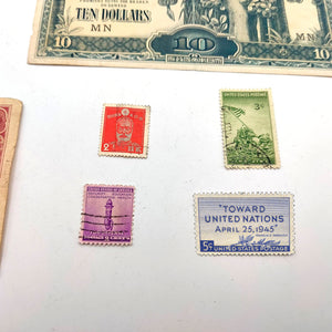 Pacific War Collection - 6 ancient Banknotes + 4 stamps. Certificate of Authenticity included