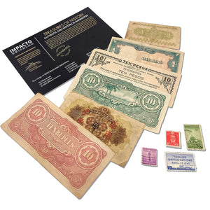 Pacific War Collection - 6 ancient Banknotes + 4 stamps. Certificate of Authenticity included
