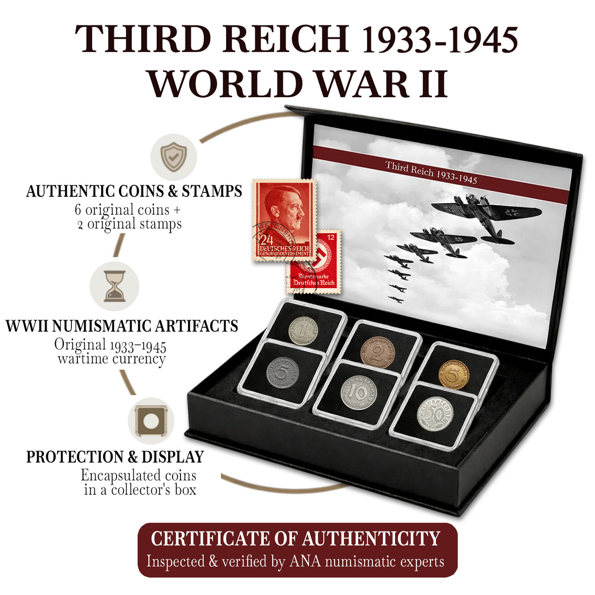 6 monedas auténticas de la Segunda Guerra Mundial - El Tercer Reich (1933-1945) | Certificadas