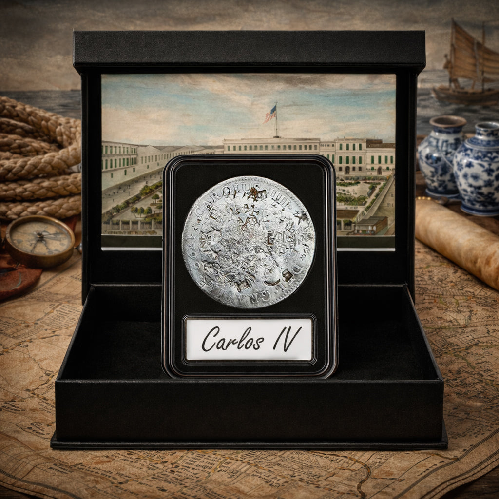 Moneda de 8 Reales españoles con Resellos Asiáticos – El Comercio de Occidente y Oriente | Certificada