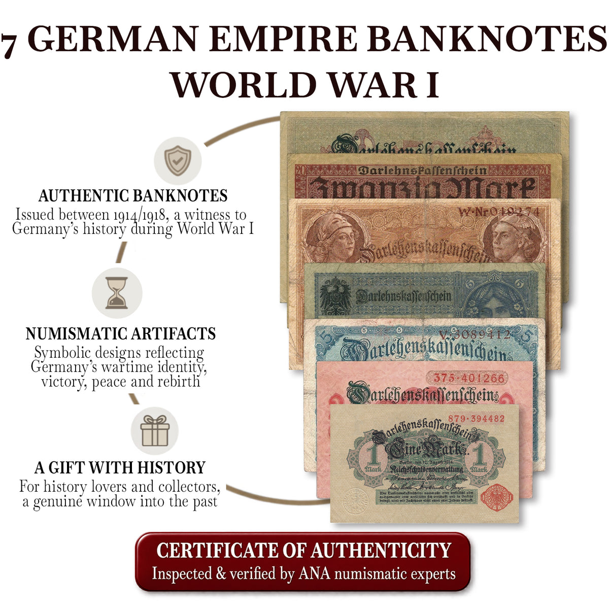 7 billetes auténticos del Imperio Alemán 1914-1918 - Primera Guerra Mundial | Certificados