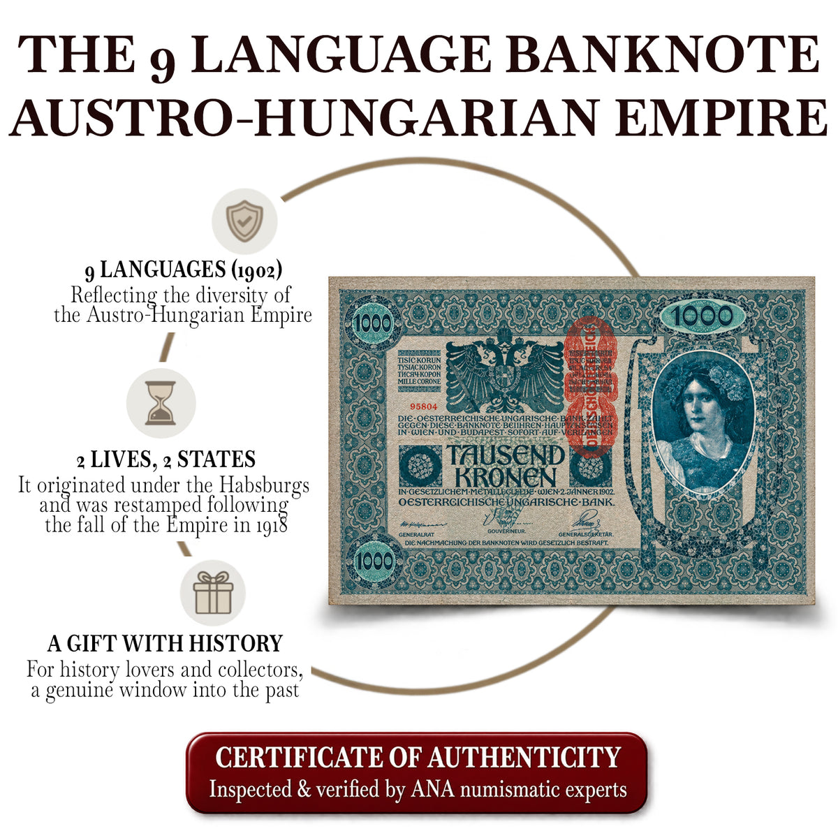 Billete auténtico del Imperio Austrohúngaro 1902 - Los 9 idiomas | Certificado