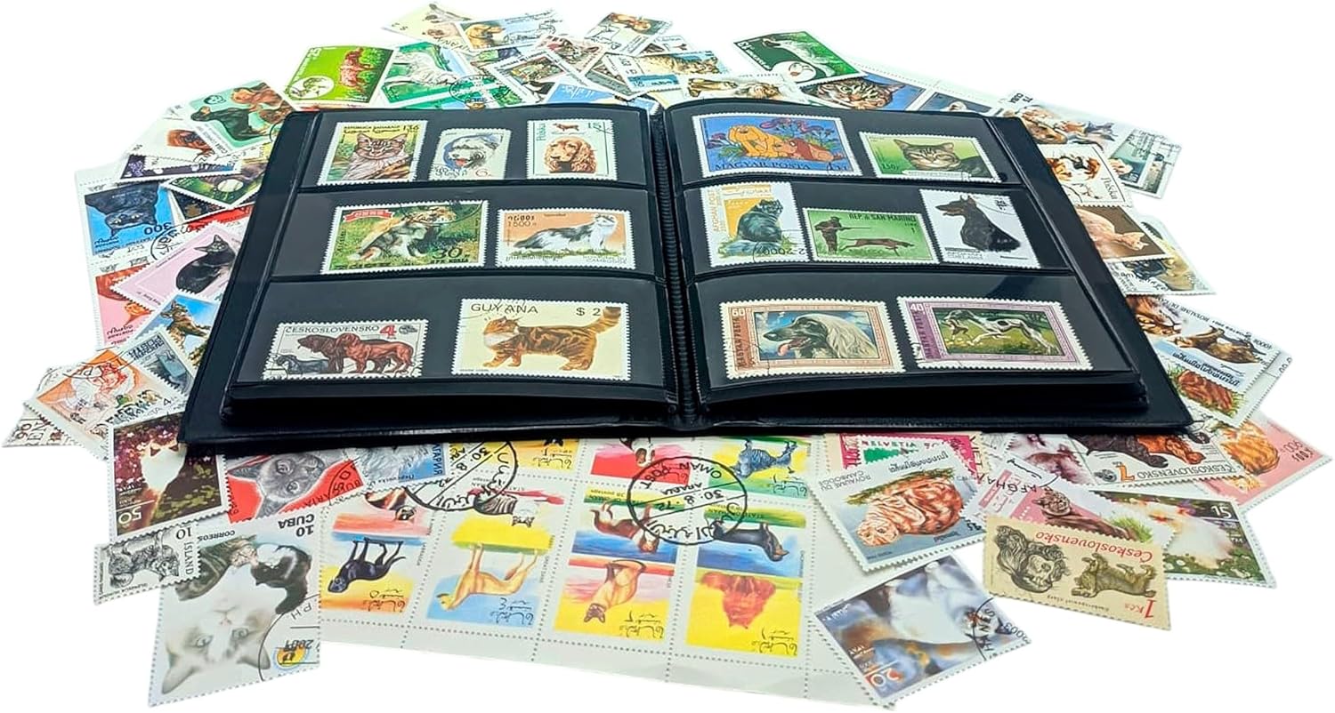 100 Dog & Cat Stamps Collection | Collector Album Included