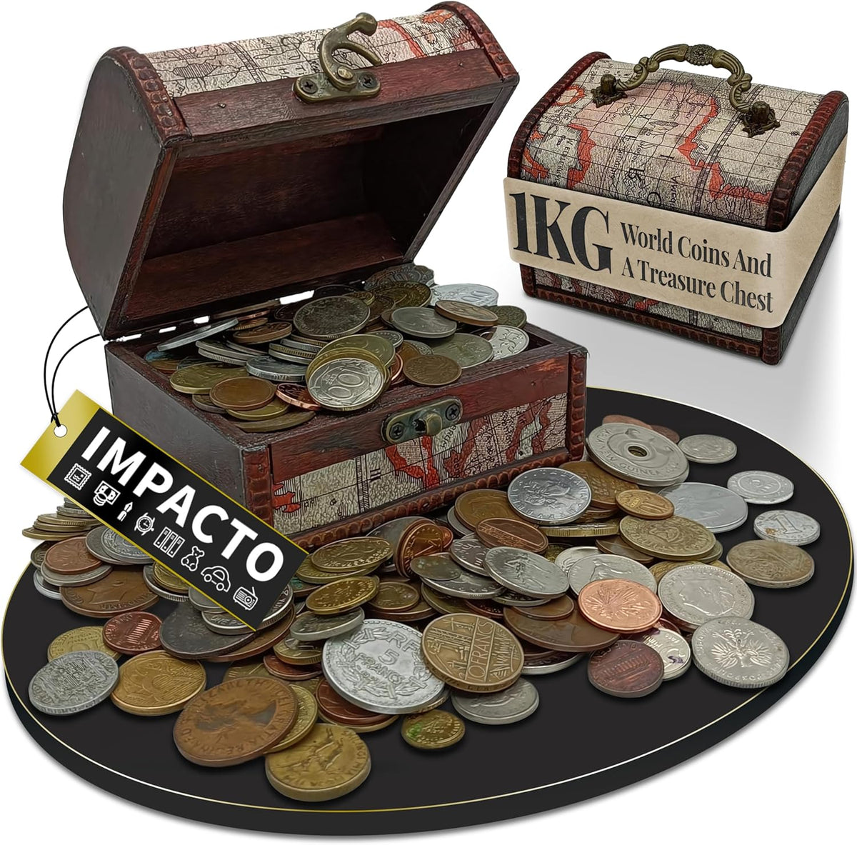 1 kg de monedas auténticas del mundo + Cofre del Tesoro | Certificadas