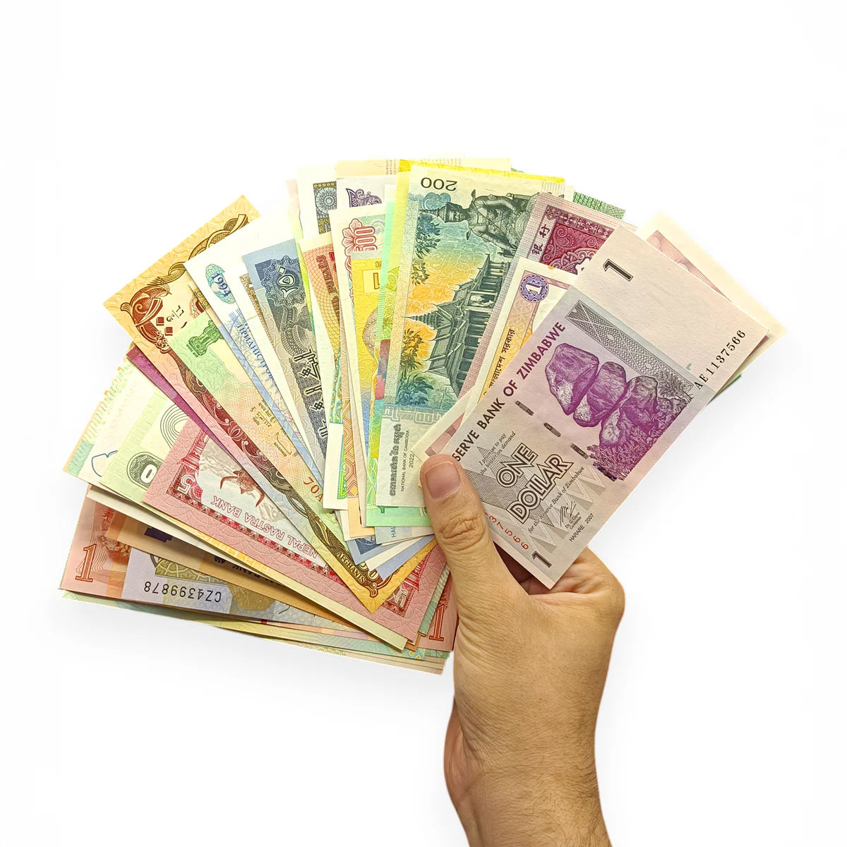 50 billetes auténticos de 50 Países Diferentes | Certificados