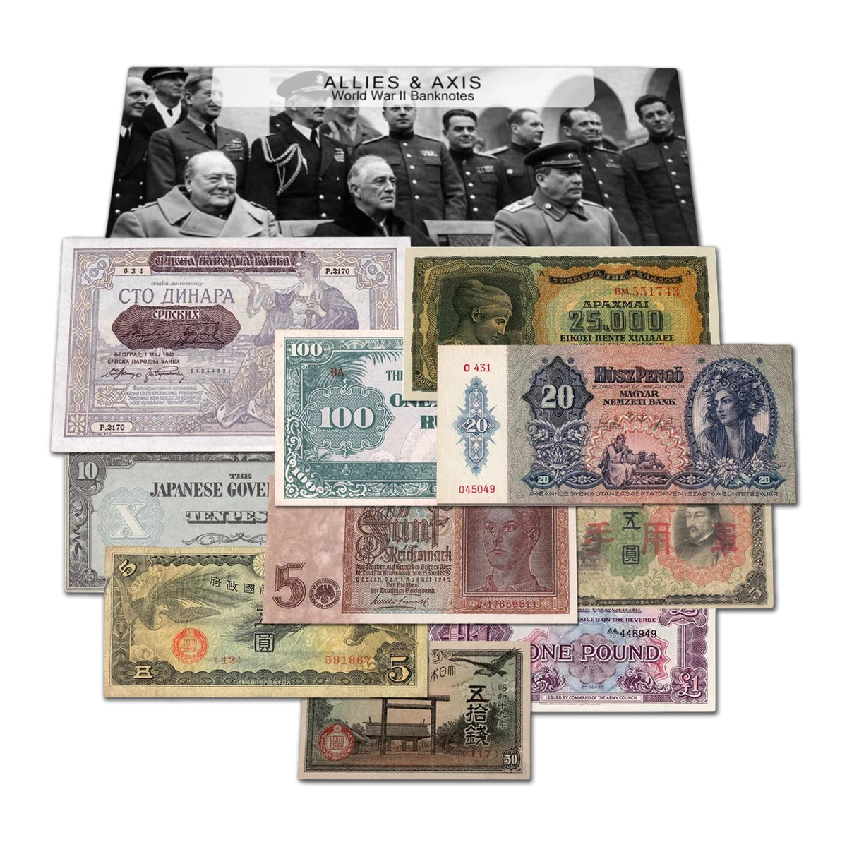 10 billetes auténticos de la Segunda Guerra Mundial - Aliados & Eje (1939-1945) | Certificados