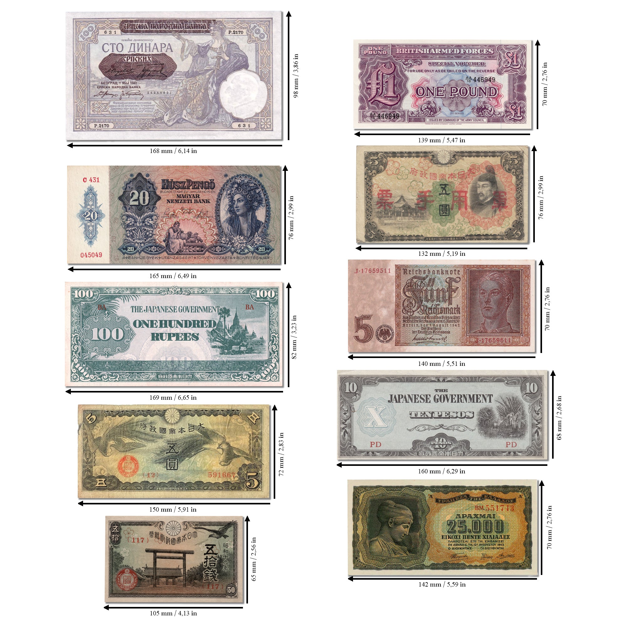 10 billetes auténticos de la Segunda Guerra Mundial - Aliados & Eje (1939-1945) | Certificados