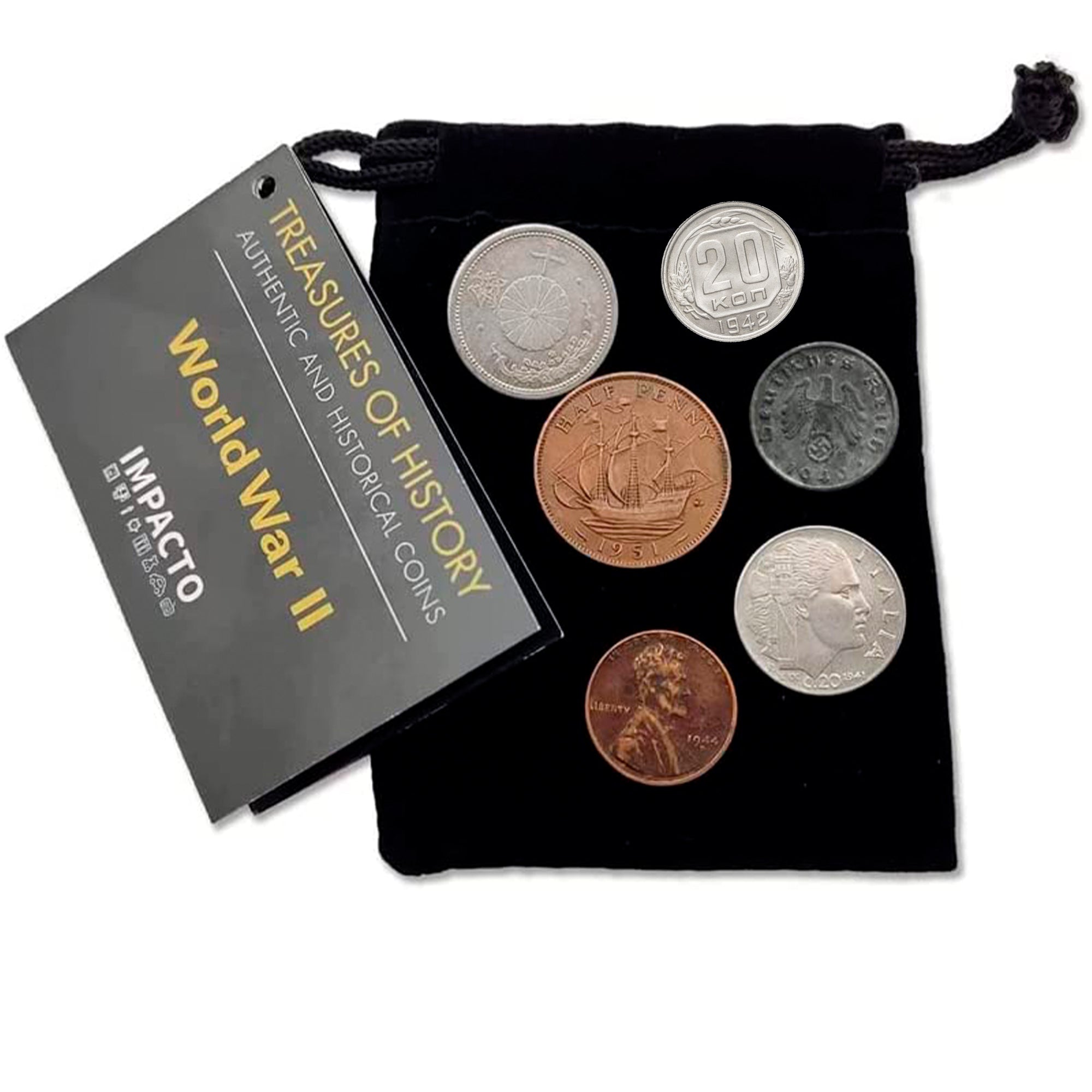 WW2 World Currency - 6 Coins Used During The World War 2 by Allies & Axis (1939-1945). Special WW2 Memorabilia for Collector. Presented in a Velvet Bag. Certificate of Authenticity Included.