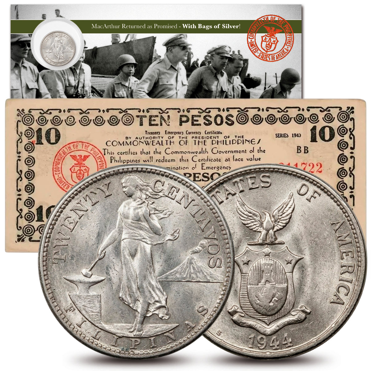 Banconote e monete autentiche in argento della Seconda Guerra Mondiale - Collezione MacArthur (1943-1944) | Certificati
