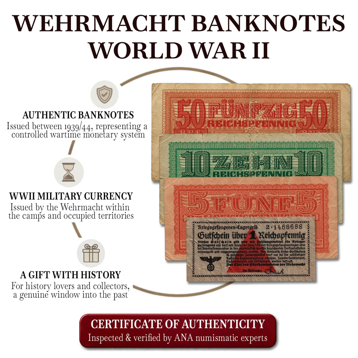4 Billetes militares auténticos de la Wehrmacht (1939-1944) - Tercer Reich Segunda Guerra Mundial | Certificados