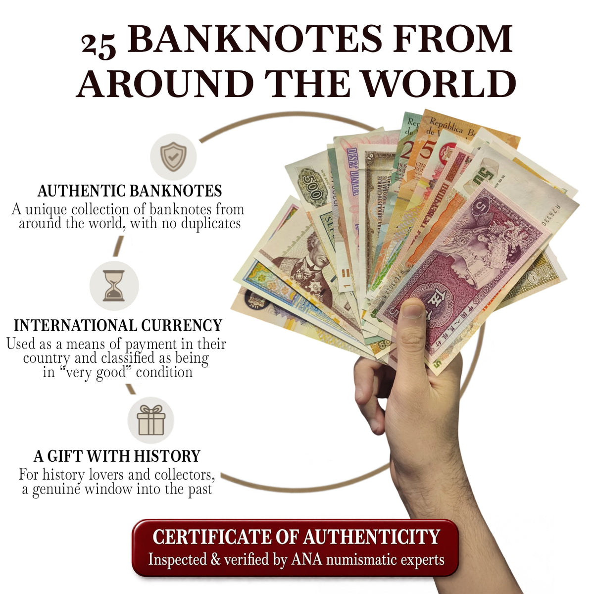 25 billetes auténticos de todo el mundo | Certificados