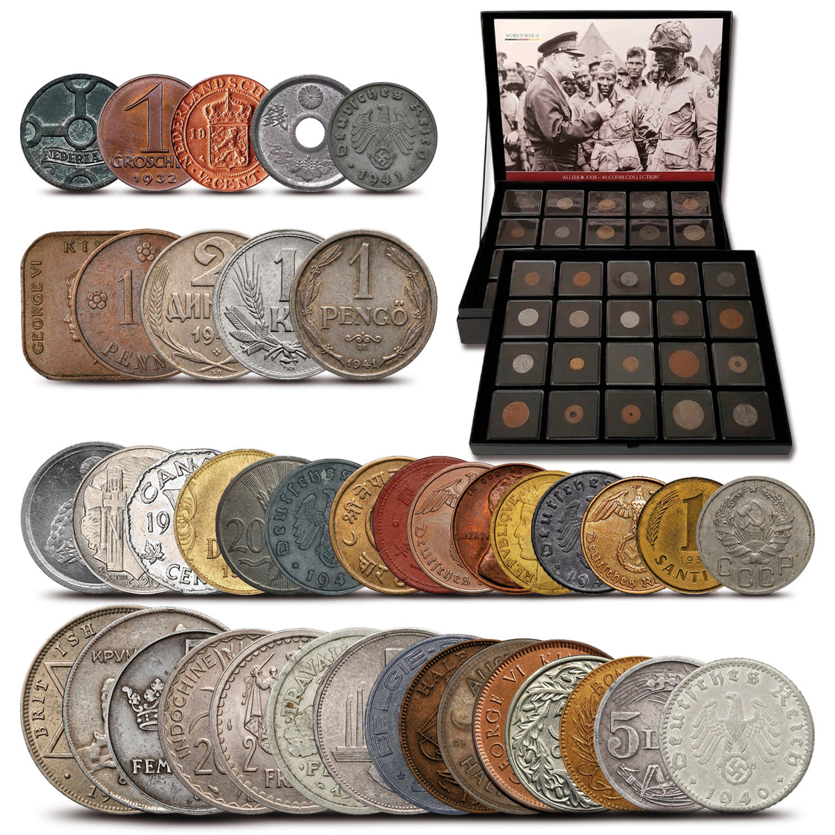 40 monedas auténticas de la Segunda Guerra Mundial - Aliados & Eje | Certificadas