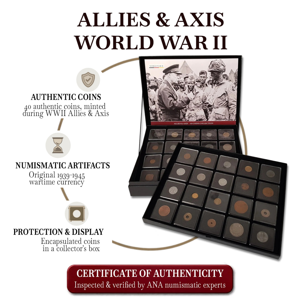 40 monedas auténticas de la Segunda Guerra Mundial - Aliados & Eje | Certificadas