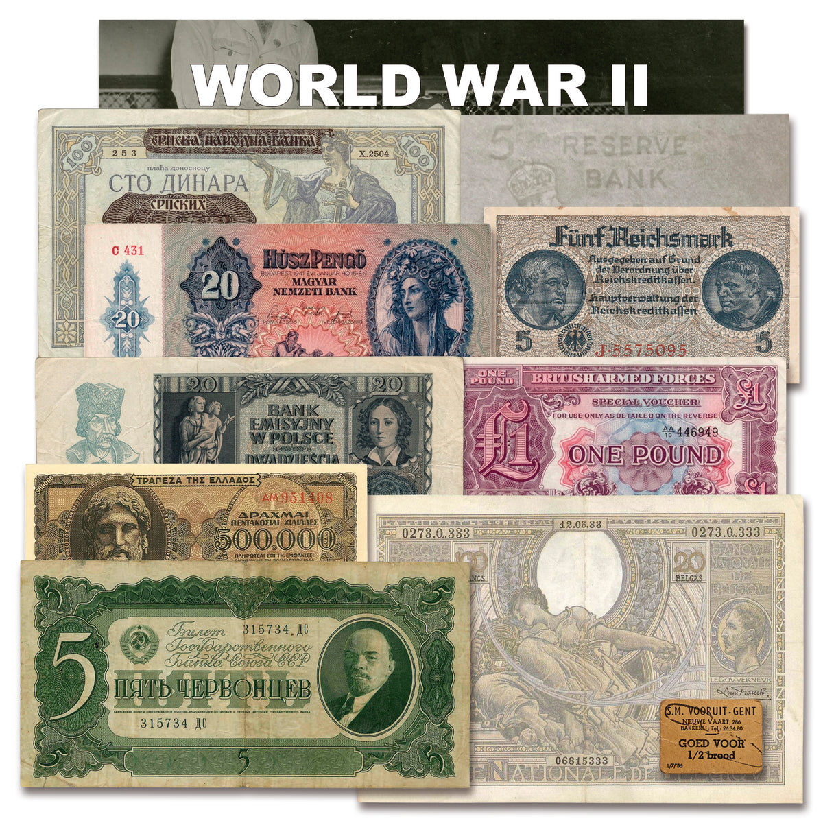 10 billetes auténticos de la Segunda Guerra Mundial - La Guerra en Europa (1939-1945) | Certificados