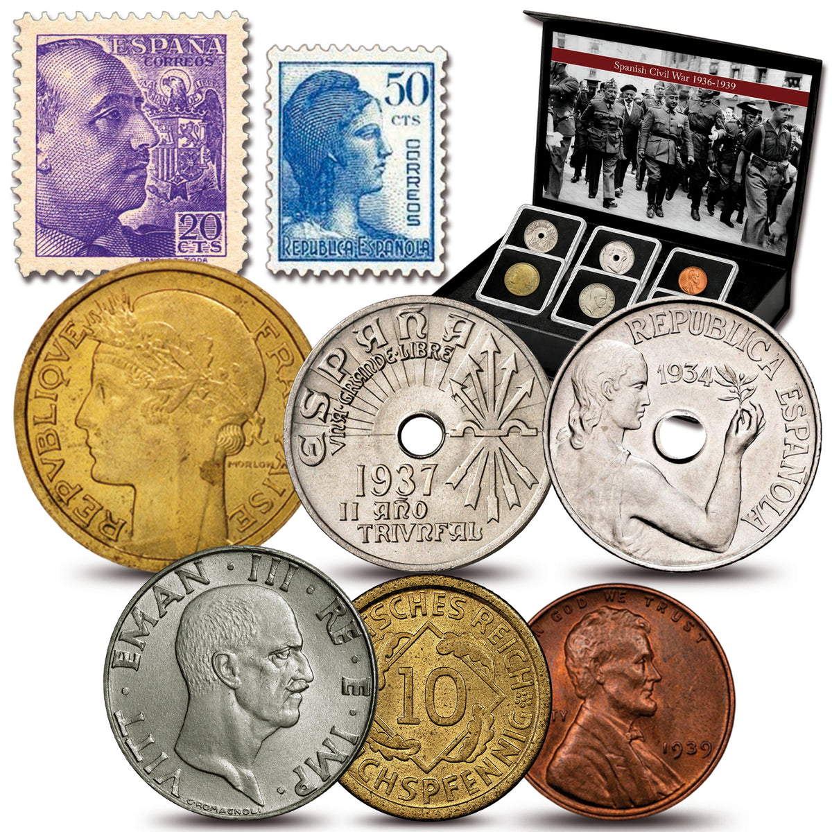 Colección Auténtica de Monedas y Sellos de la Guerra Civil Española | 6 Monedas Históricas + 2 Sellos Oficiales de España (1936-1939)