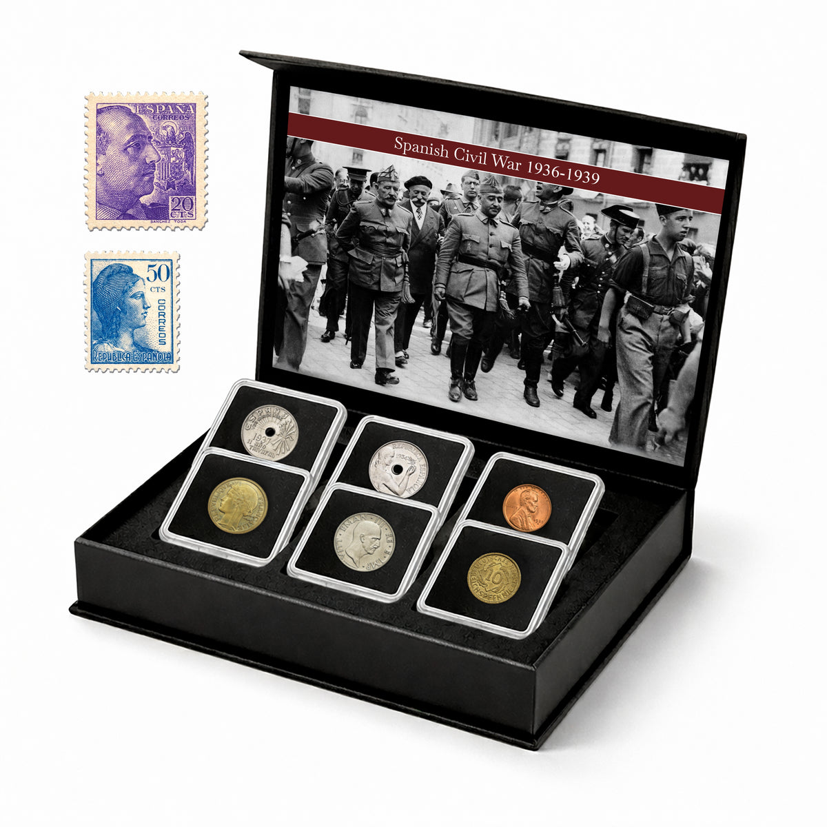 Colección Auténtica de Monedas y Sellos de la Guerra Civil Española | 6 Monedas Históricas + 2 Sellos Oficiales de España (1936-1939)