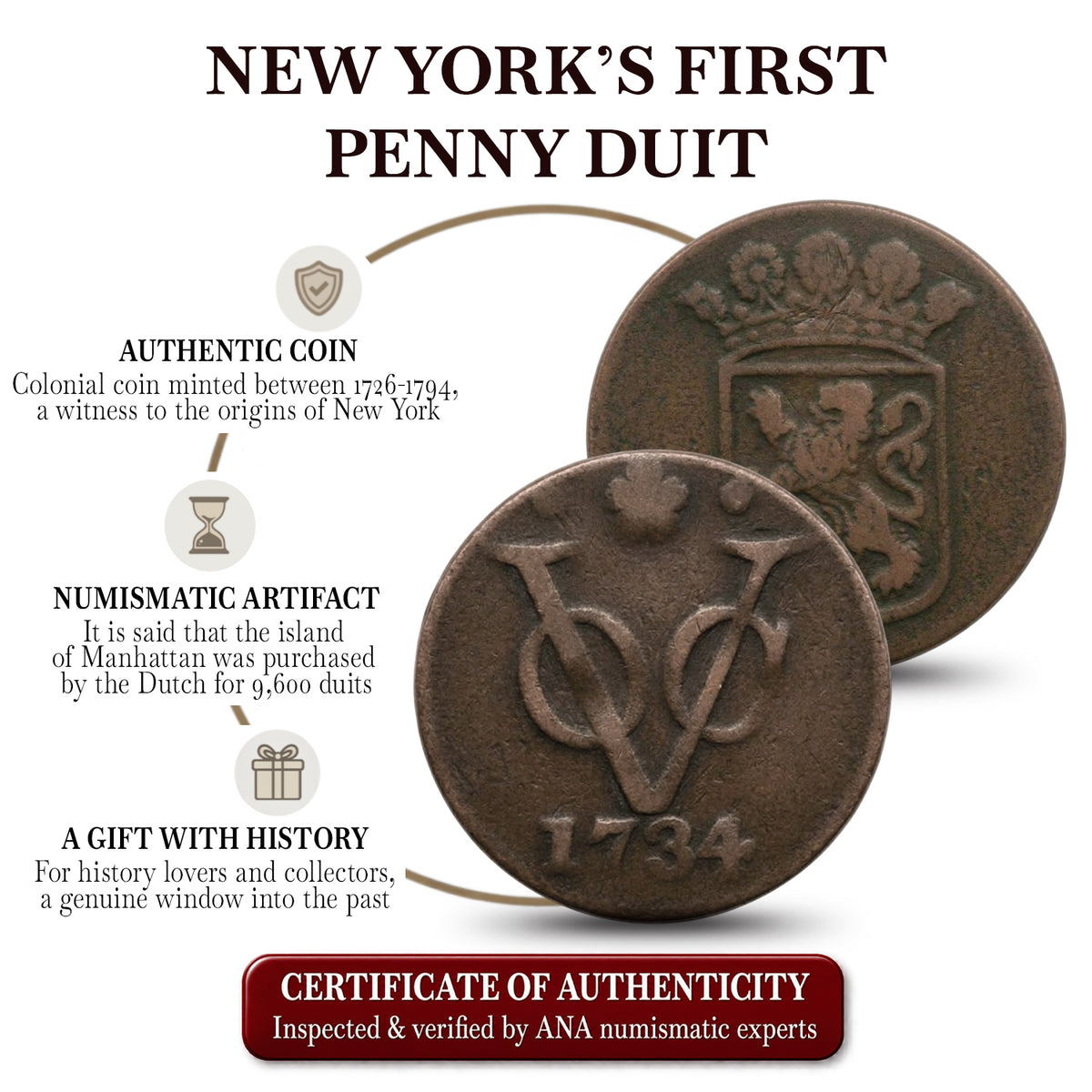 Primer Penny de Nueva York 1726‑1794 – Auténtico Duit Histórico I Pieza Verificada y Certificada