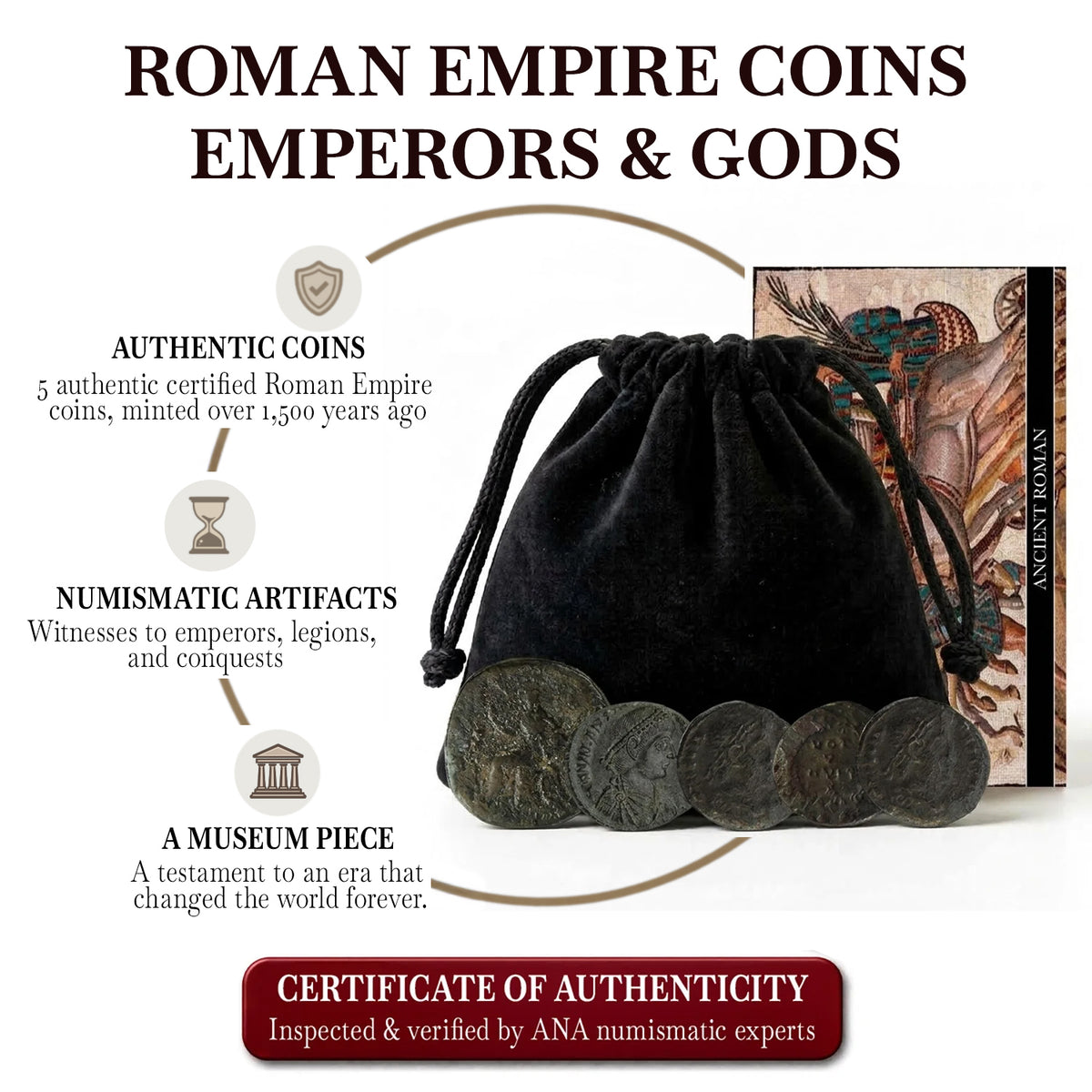 5 Monedas auténticas del Imperio Romano - Emperadores y Dioses | Certificadas