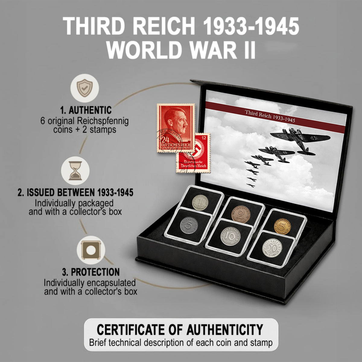 6 monedas auténticas de la Segunda Guerra Mundial - El Tercer Reich (1933-1945) | Certificadas