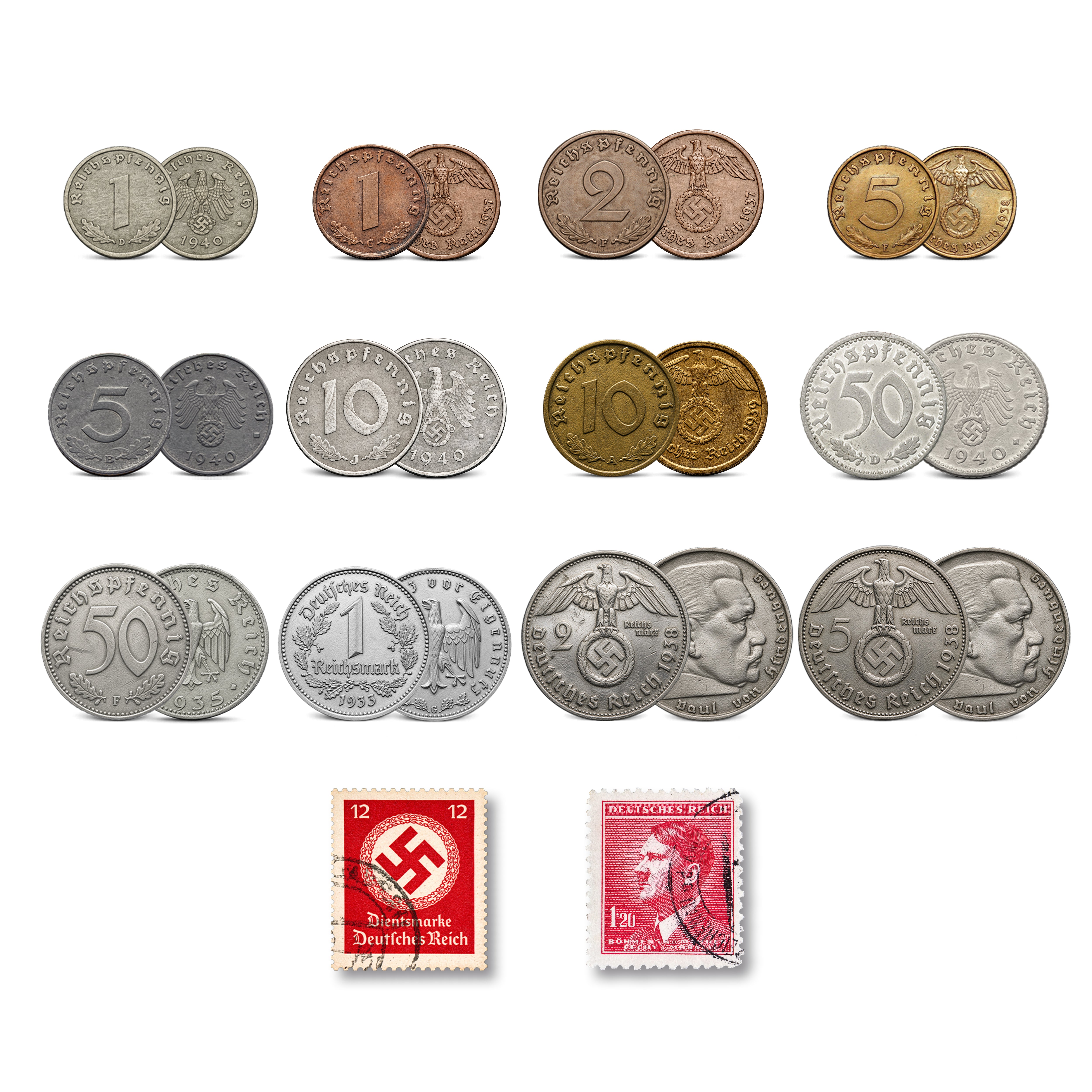 12 monete e 2 francobolli autentici della Seconda Guerra Mondiale - Il Terzo Reich | Certificati