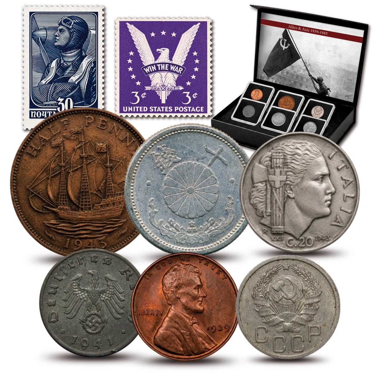 6 monedas auténticas de la Segunda Guerra Mundial - Aliados & Eje (1939-1945) | Certificadas