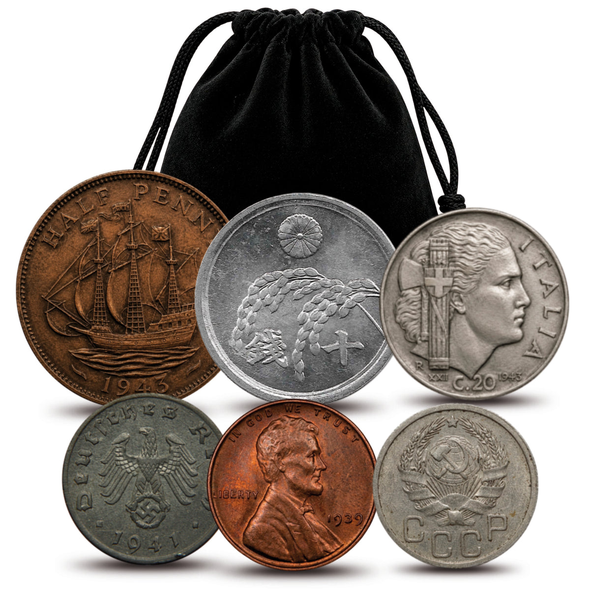 6 monedas auténticas de la Segunda Guerra Mundial - Aliados & Eje en bolsa (1939-1945) | Certificadas