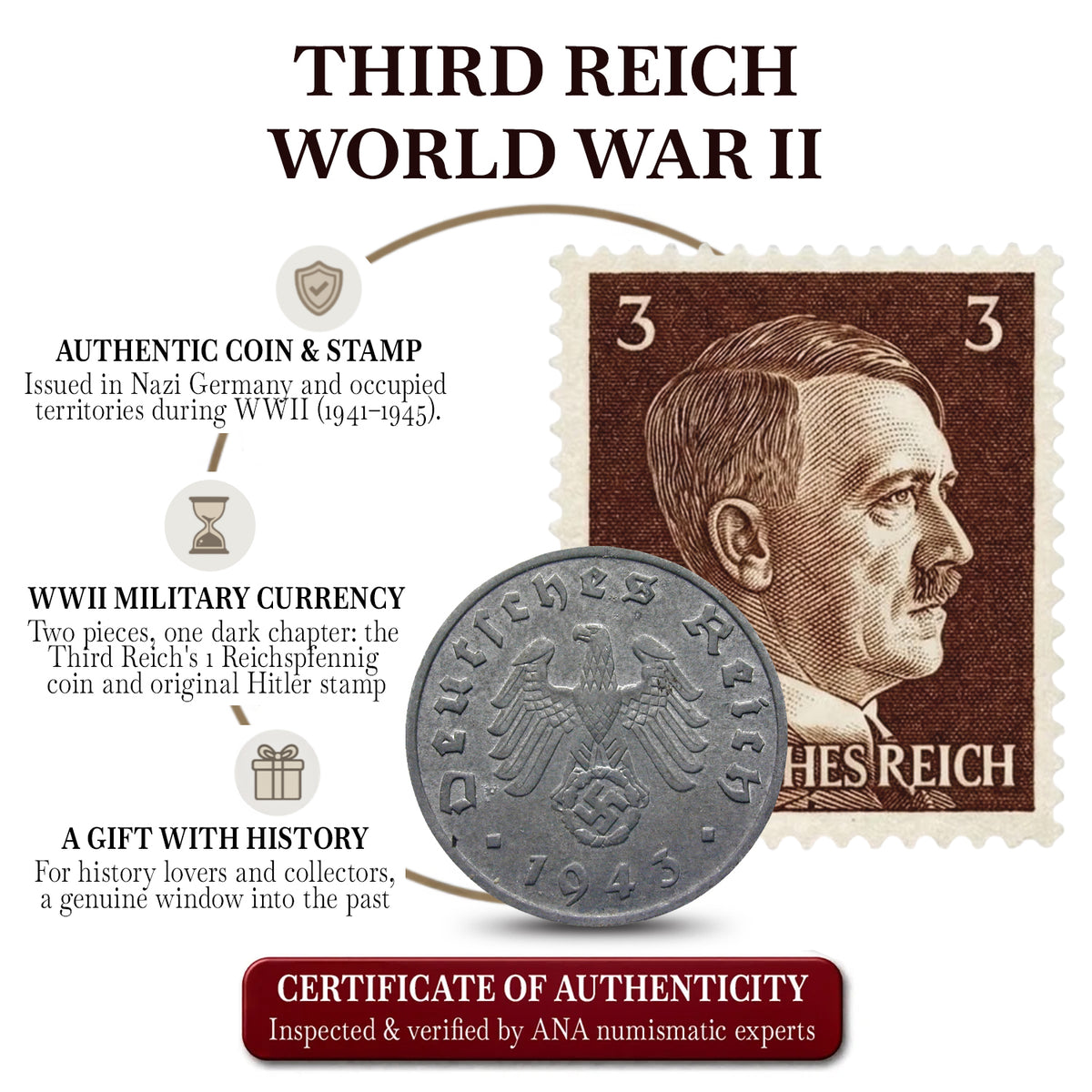 Moneta e francobollo originali della Seconda Guerra Mondiale | Germania, 1936–1945, con certificato di autenticità