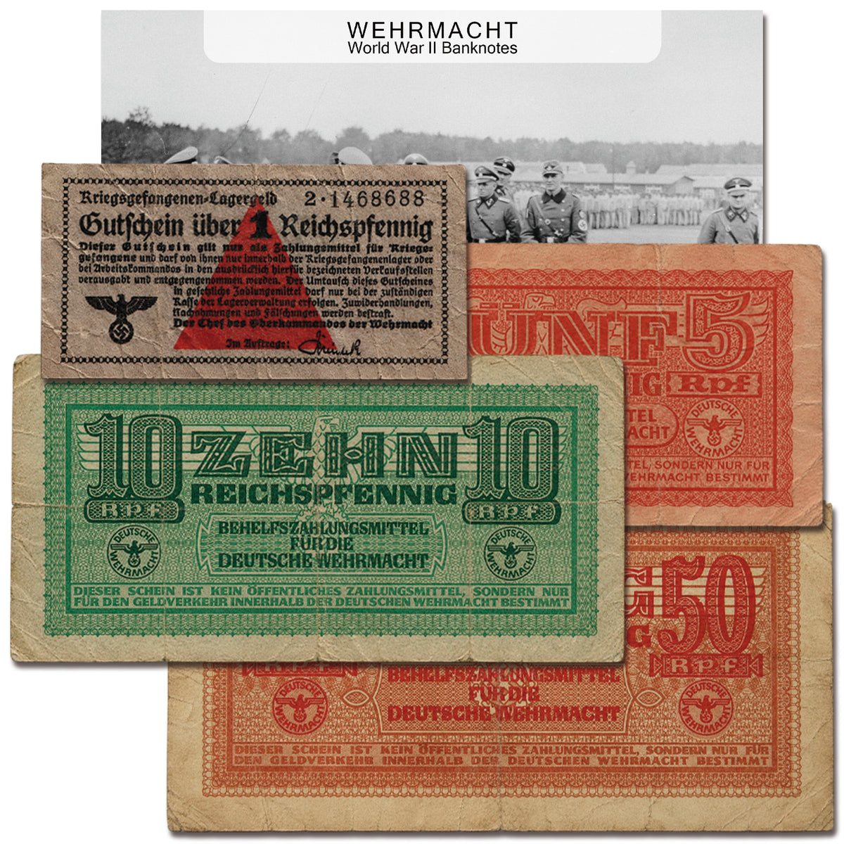 4 Billetes militares auténticos de la Wehrmacht (1939-1944) - Tercer Reich Segunda Guerra Mundial | Certificados
