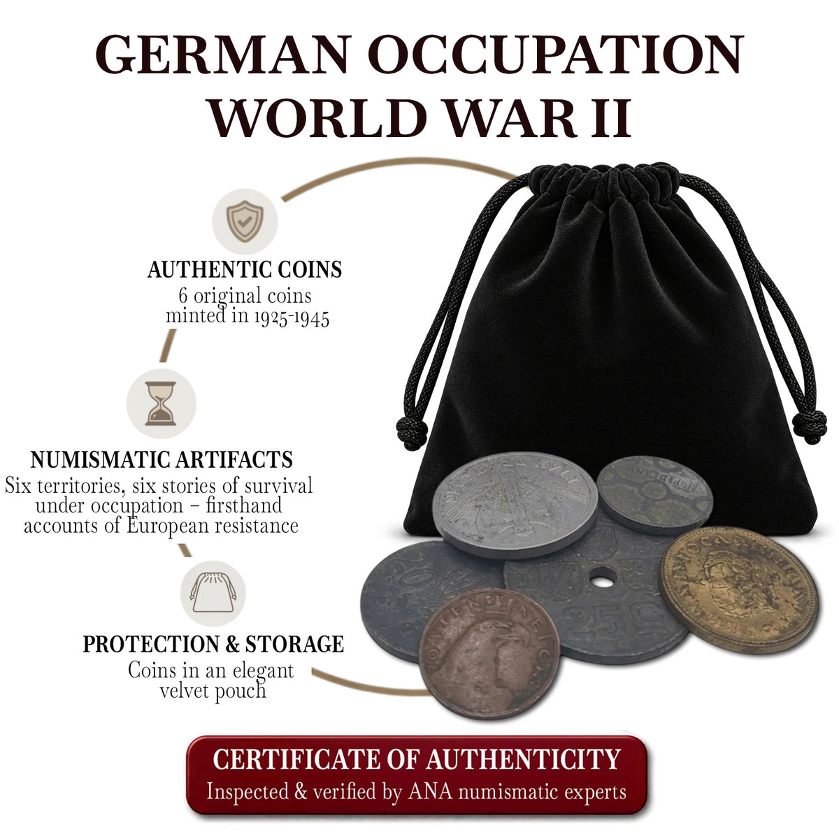 6 monedas auténticas de la Segunda Guerra Mundial - Territorios Ocupados en bolsa (1925-1945) | Certificadas
