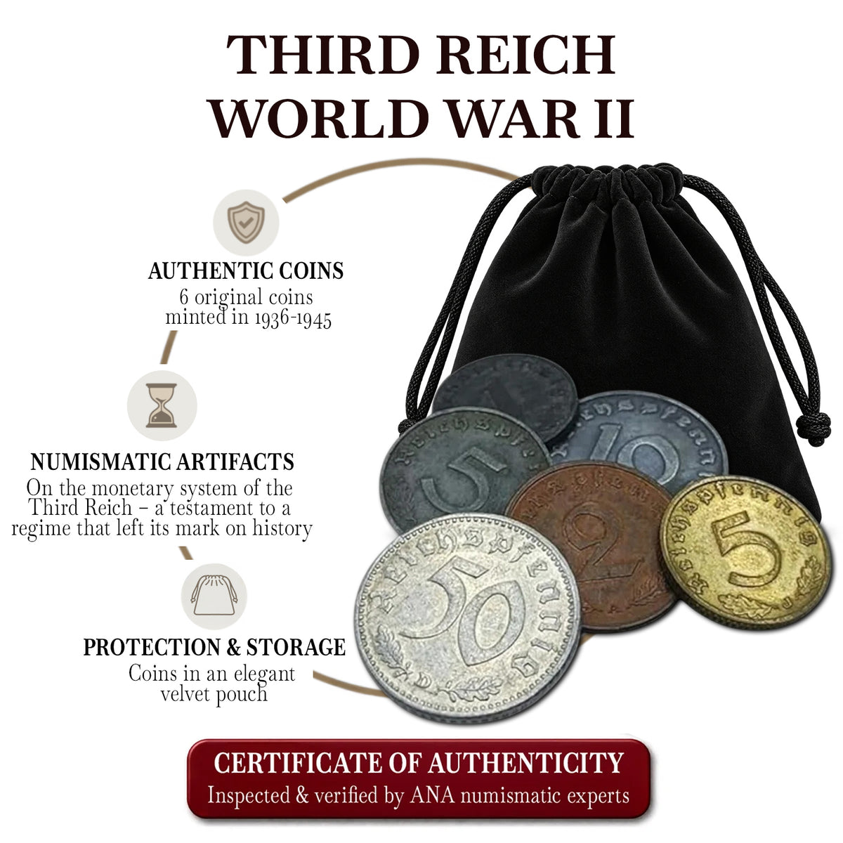 6 monedas auténticas de la Segunda Guerra Mundial - Tercer Reich en bolsa (1936-1945) | Certificadas