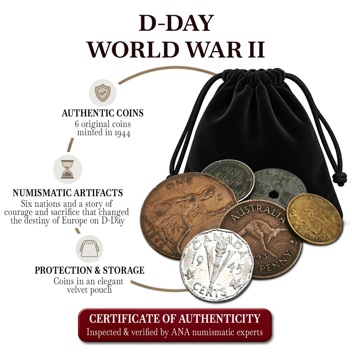 6 monedas auténticas de la Segunda Guerra Mundial - El Desembarco de Normandía en bolsa (1944) | Certificadas