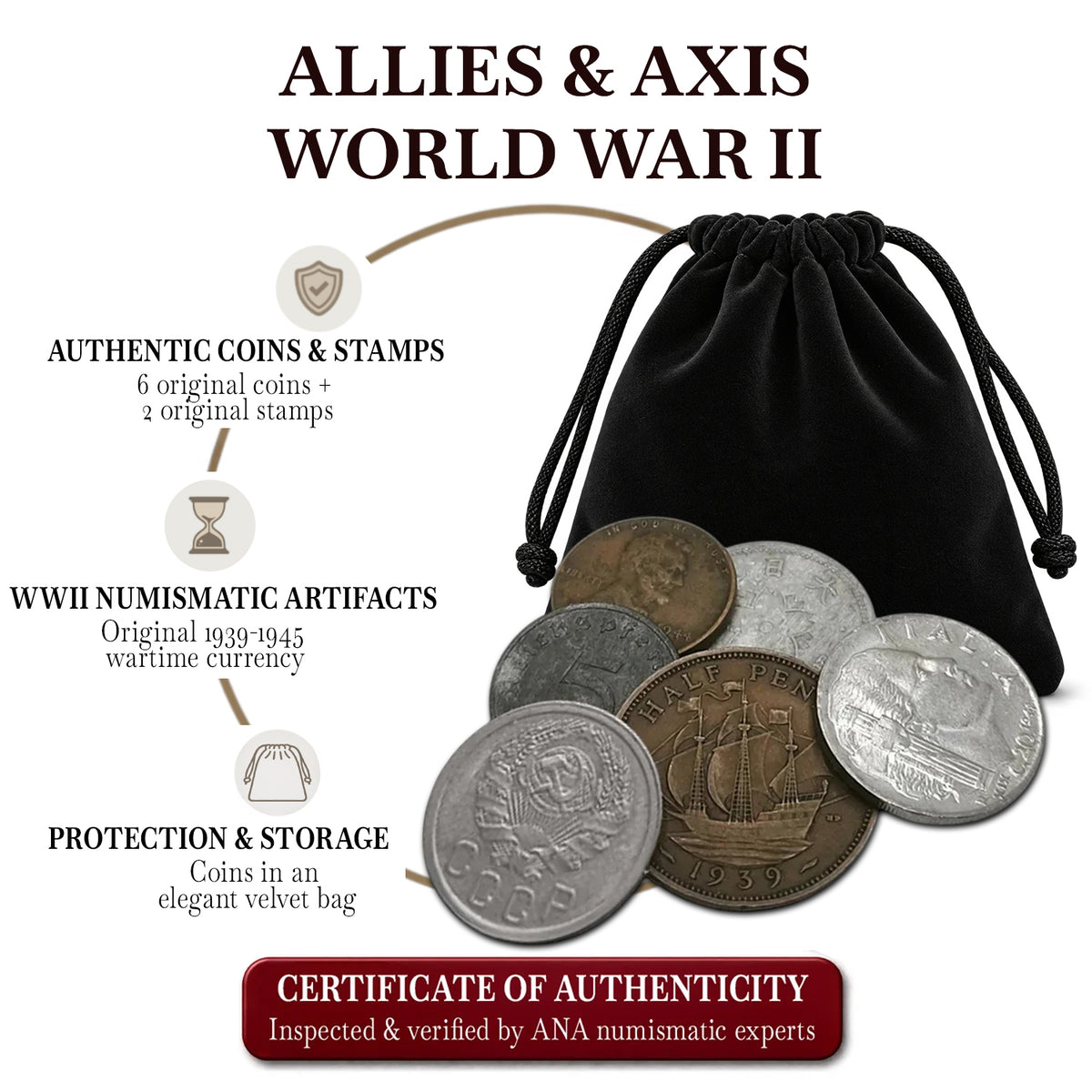 6 monedas auténticas de la Segunda Guerra Mundial - Aliados & Eje en bolsa (1939-1945) | Certificadas