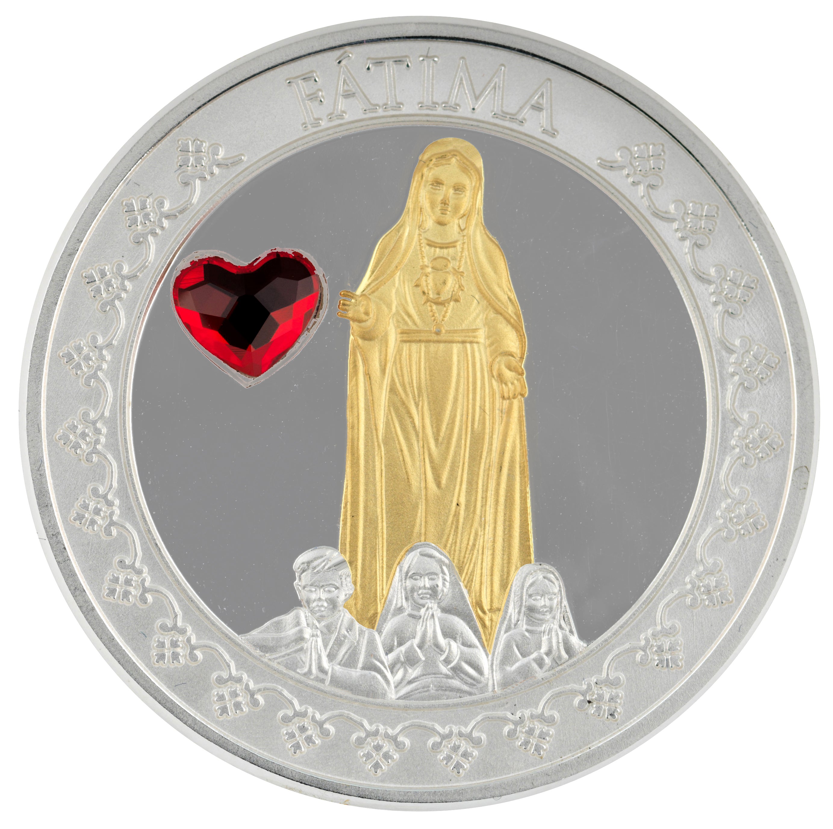Virgin of Fatima: Commemorative Medal with Silver Plating and Gold Application with Swarovski Crystal
