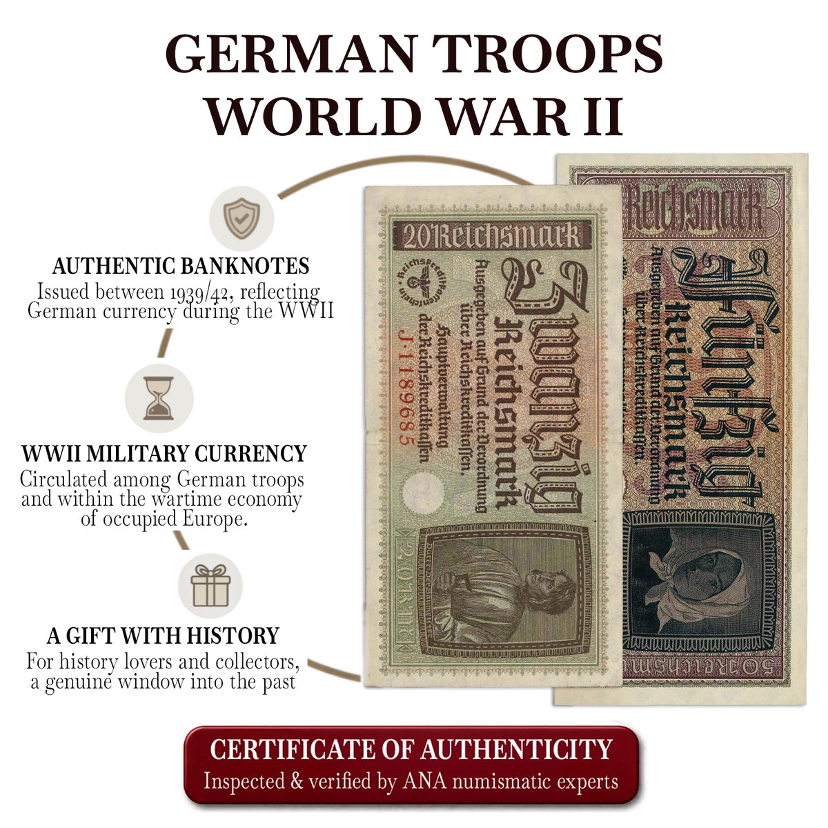 2 banconote autentiche della Seconda Guerra Mondiale - Il denaro delle truppe tedesche (1939-1942) | Certificati