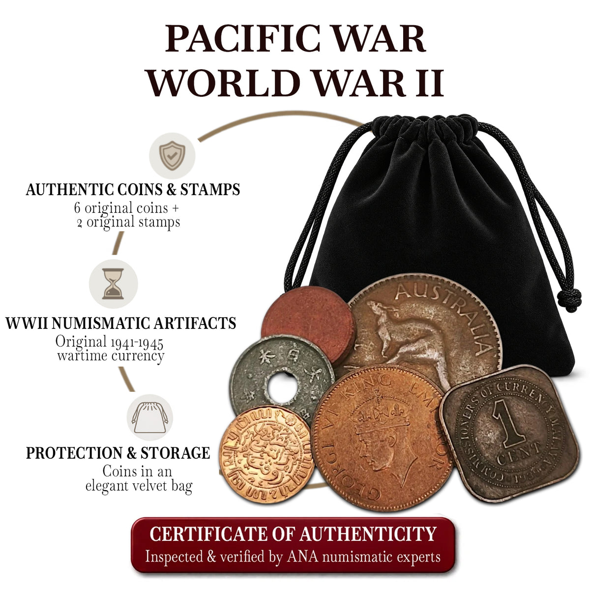 6 monete autentiche della Seconda Guerra Mondiale - Pearl Harbor in busta (1938-1945) | Certificate
