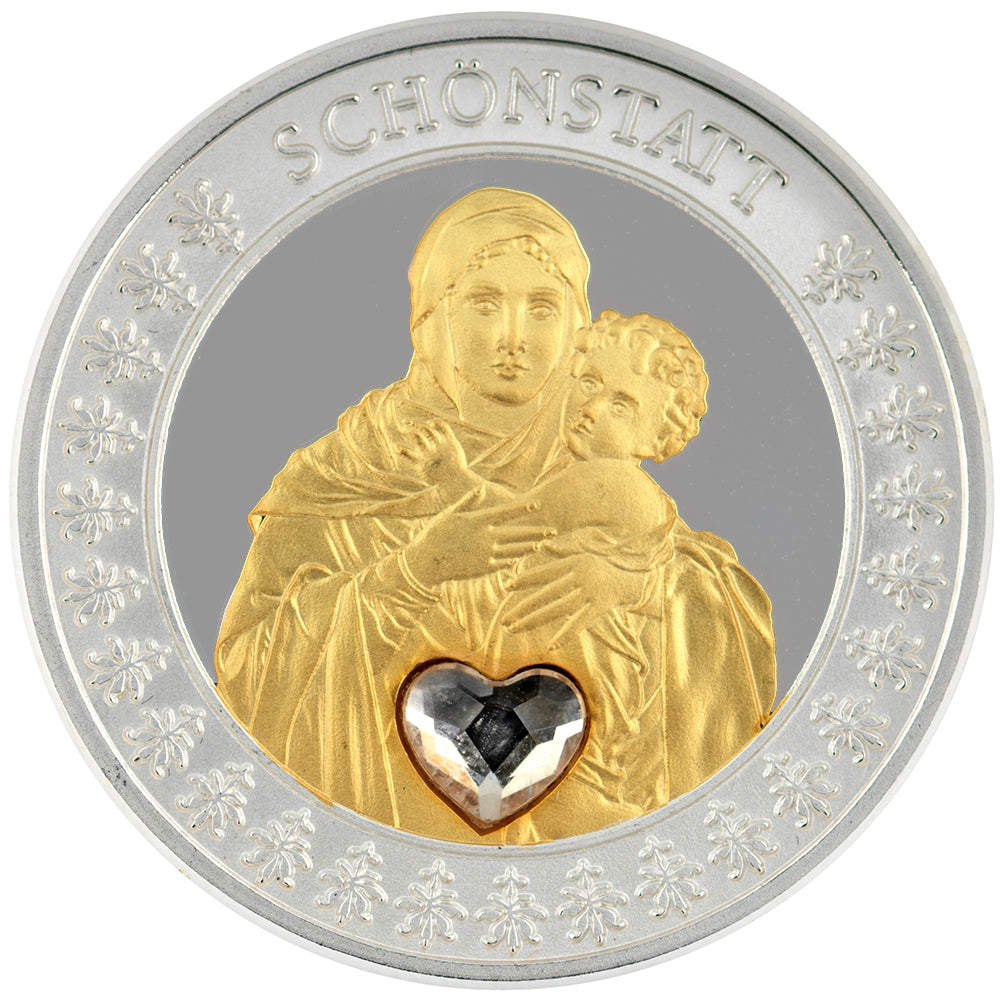 Virgin of Schonstatt: Commemorative Medal with Silver Plating and Gold Application with Swarovski Crystal