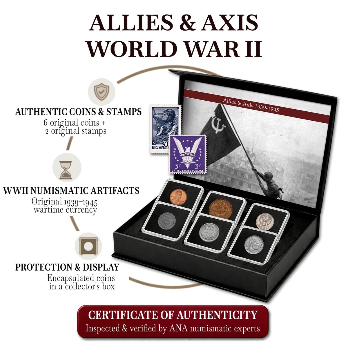 6 monedas auténticas de la Segunda Guerra Mundial - Aliados & Eje (1939-1945) | Certificadas