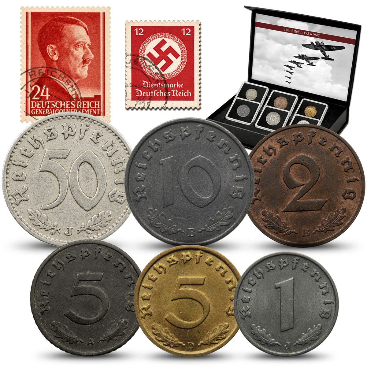 6 monedas auténticas de la Segunda Guerra Mundial - El Tercer Reich (1933-1945) | Certificadas