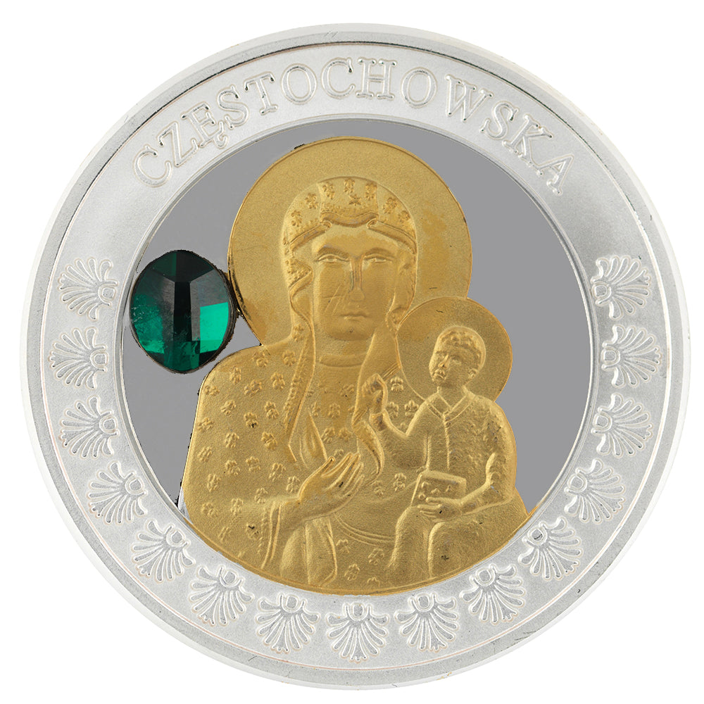 Virgin of Czestochowa: Commemorative Medal with Silver Plating and Gold Application with Swarovski Crystal